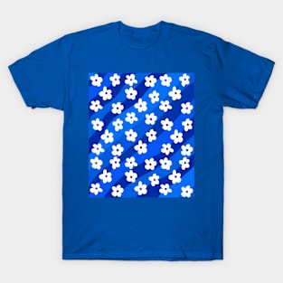 Groovy, Retro Flowers on a Blue Wavy Background T-Shirt